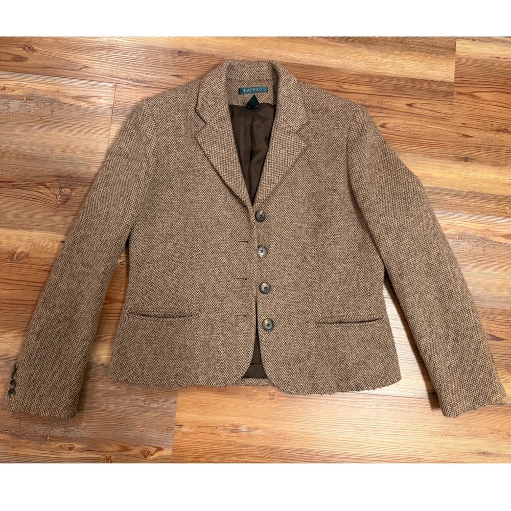 Lauren Ralph Lauren Brown Herringbone Virgin Wool Blend Blazer Jacket Size 12